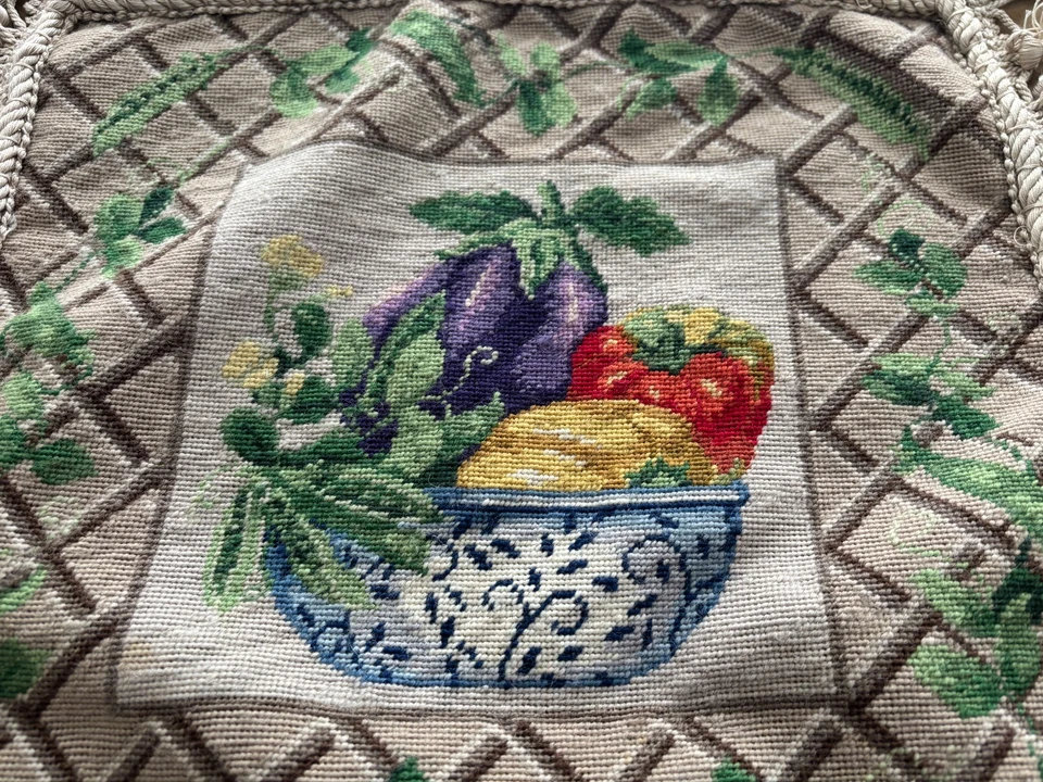 NEW Handmade Wool Needlepoint Throw Pillow Cover Garden Vegetables Veggies 18" - Image 3 of 4