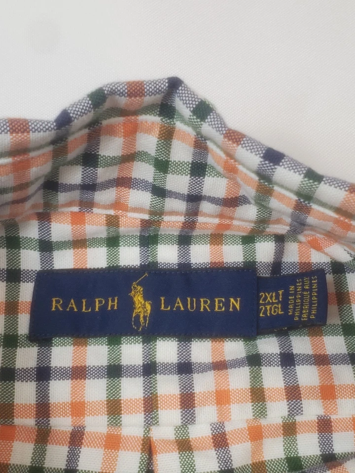 Polo Ralph Lauren Button Up Shirt Men's 2XLT White Orange Blue Check Long Sleeve - Image 4 of 4