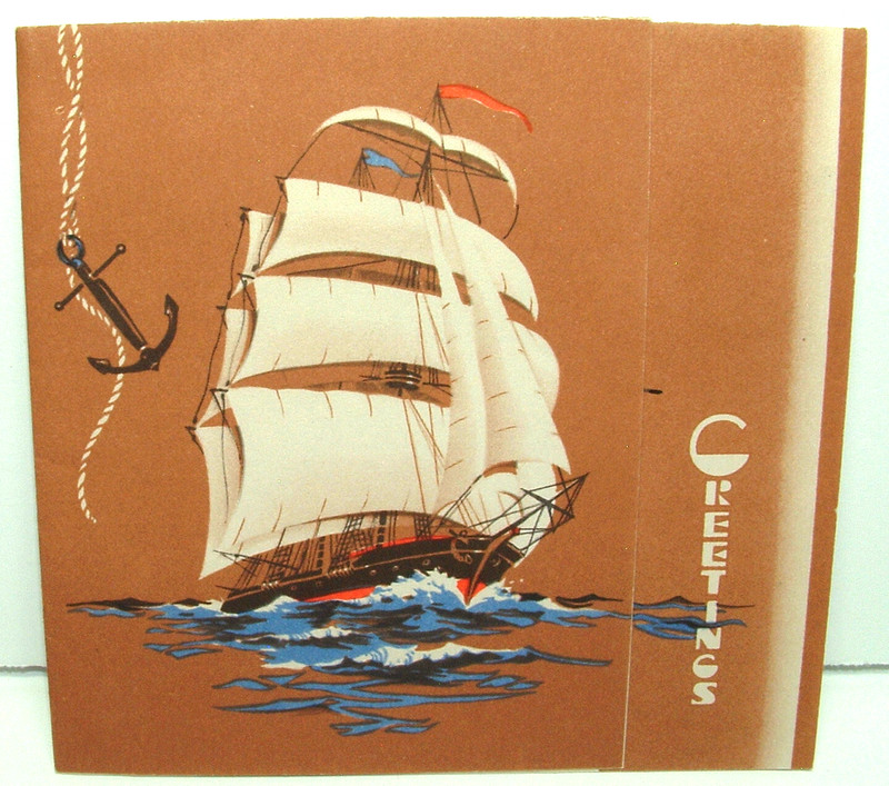 Sailing Ship - 1940's Vintage Christmas Greeting Card