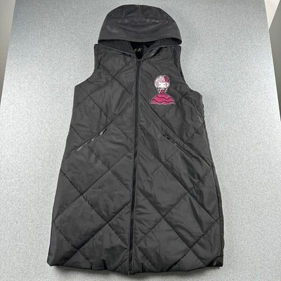 Ay-Sel Vest Womens 44 Quilted Hooded Longline Black Rhinestone Patch Gilet