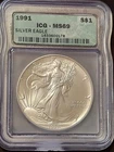 1991  AMERICAN SILVER EAGLE ICG MS69 GREEN LABEL 1oz .999 Fine Silver.