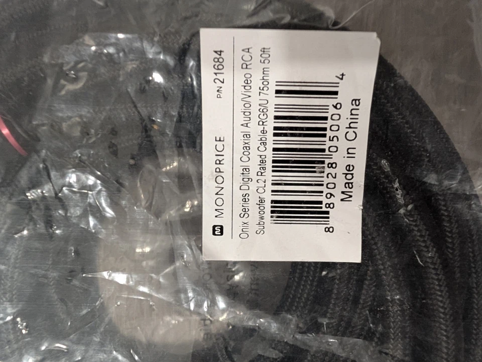 Cable RCA coaxial/subwoofer digital serie Monoprice Onyx - 50 pies, nuevo en bolsa Foto 2 de 4