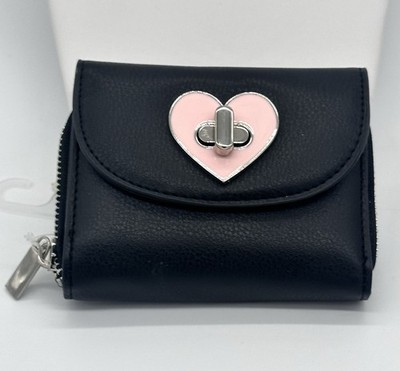 Women's Black Zip Around Wallet with Pink Heart Love Turn Lock Flap