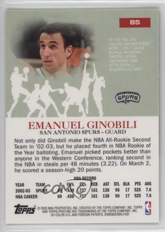 2003-04 Topps Pristine Manu Ginobili Emanuel Ginobili #85 HOF - Image 2 of 2