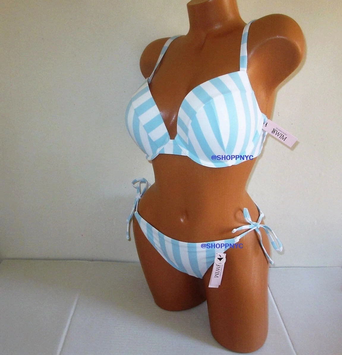 Victoria Secret Swim 38DDD L XL Push Up Top Bikini Set Side Tie Bottom  Stripe