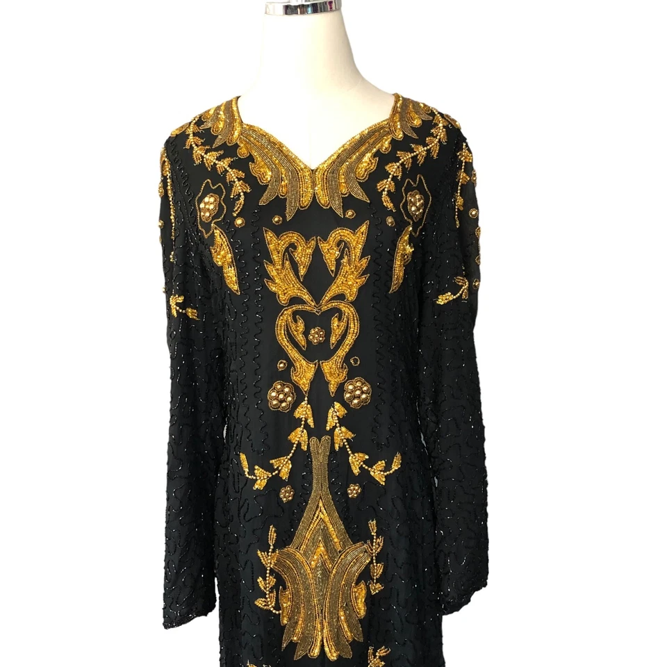 Vintage Embellished Silk Dress Size Small Black Gold Fancy Beaded Sequined Shift - Image 2 of 4