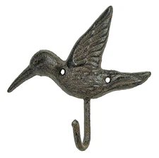 Hummingbird Wall Hook Cast Iron 6" Key Towel Coat Rustic Brown Bird Hummer
