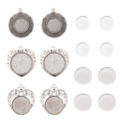 6 Sets Legierung Anhänger Charms Leere Fächer mit Glas Cabochon Rund Herz