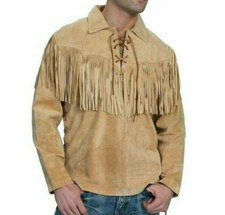 Men Native American Western Cowboy Leather Shirt Suede Leather Fringe