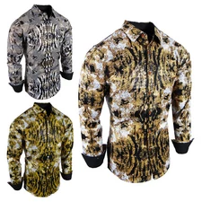 Mens Shirt Luxury Italian Florals Gold Foil Overlay Stretch Slim Fit Button Up