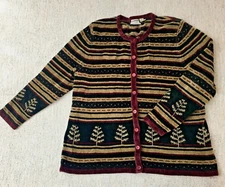 CJ Banks Hand Embroidered Button Down Cardigan 1X, Winter Themed Pine Trees.