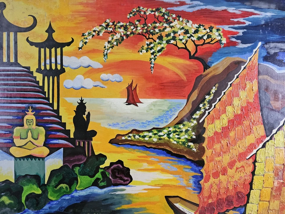 ARTE - Pintura al óleo vintage original firmada Ken Westerfelt 24x18 enmarcada budista Foto 2 de 4