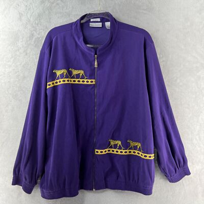 DRAPERS & DAMONS Jacket Womens Plus 2X Purple Animal Embroidered Leopard Cat