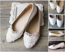 Satin White/Ivory/Blue Lace Ballet Wedding Formal Bridal Bridemaid Flat Shoes