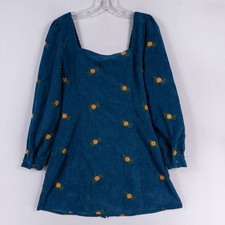 Cider Womens Corduroy Mini Dress Small Blue Floral Embroidered Cottagecore Retro