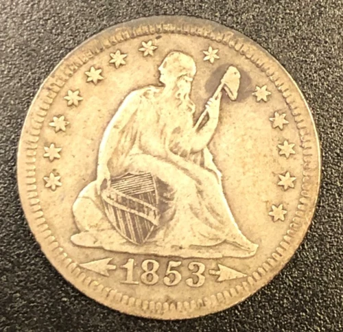1853 P SEATED LIBERTY QUARTER WITH RAYS AND ARROWS VF