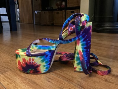 Women s Liliana Tie Dyed Platform Block Heel Strappy Sandals Sz 9 Multi Color