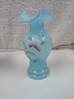 Fenton Art Glass Victorias Closet Blue Overlay 6 Inch Vase Hand Painted Signed