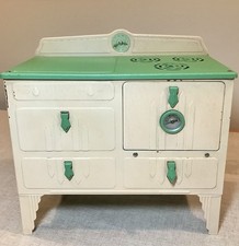 Antique 1930  s LITTLE LADY Enamel ELECTRIC TOY STOVE Green  Cream EXCELLENT