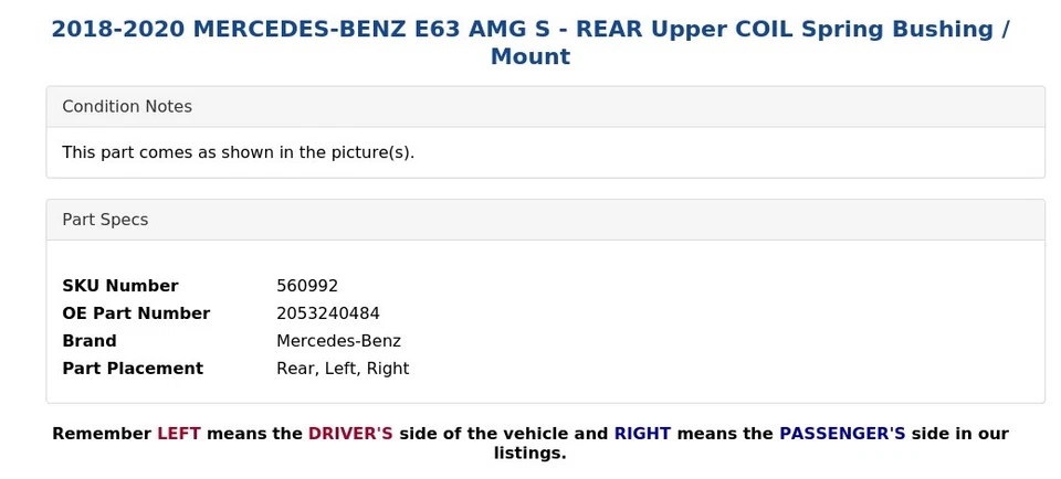 Mercedes-Benz E63 AMG S 2018-2020 - Buje de resorte de bobina superior trasero/montaje Foto 4 de 4