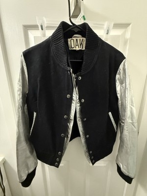OAK NYC Double Front Varsity Jacket Black/Silver Size M
