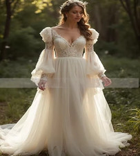 Charming Bohemian Wedding Dress With Lace V Neck Long Sleeve A Line Tulle Garden