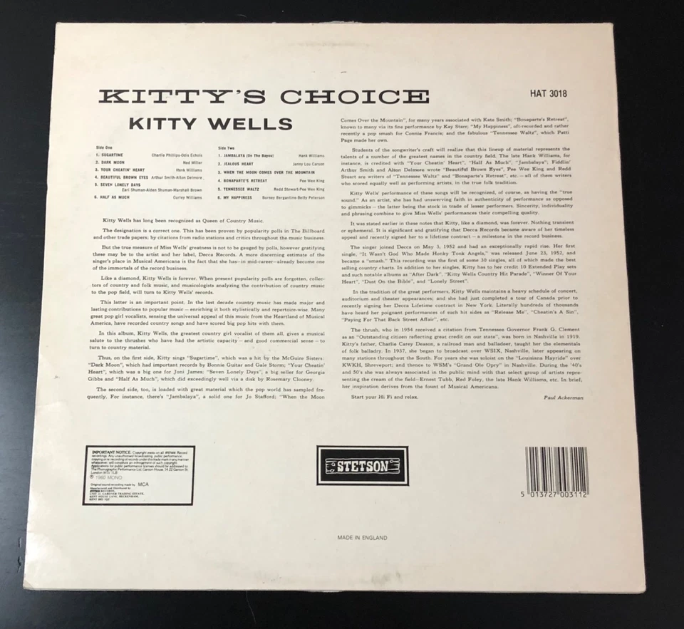 Kitty Wells Kitty's Choice Vinyl LP Record 1961 Stetson HAT 3018 UK Reissue - Image 2 of 4
