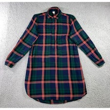 Plaid Shirt Dress M Plaid Navy Green Orange Roll Tab Sleeve Preppy Layering