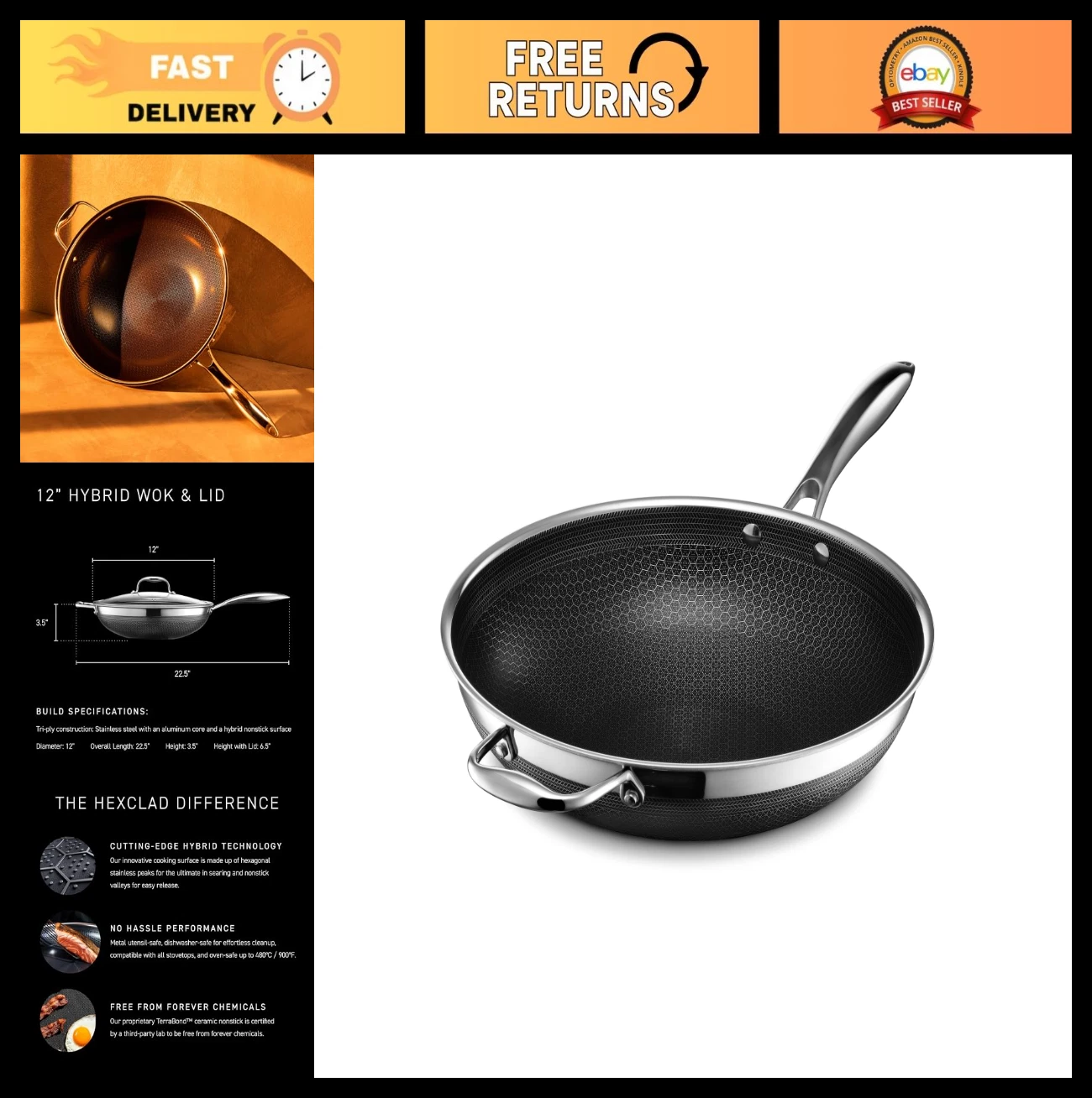 12-Inch Hybrid Nonstick Wok with Stay-Cool Handle, Dishwasher Safe, Oven Safe 90