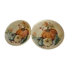 Pair Celebrate Stoneware 8" Fall Decor Bowls Pumpkin Design