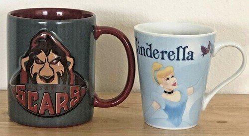 DISNEY PARKS LION KING SAVANNA SCARS AND DISNEY CINDERELLA COFFEE TEA CUPS MUGS