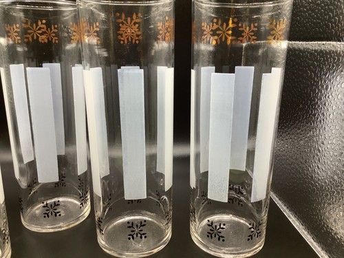 Set of 4 Federal Glass MCM Tom Collins Gold & Black Floral Frosted Stripes 7” - Picture 3 of 5