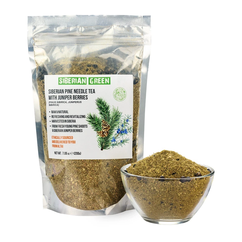 Polvo de té con aguja de pino natural y orgánico 200 g Pinus sibirica de cosecha silvestre Foto 2 de 4