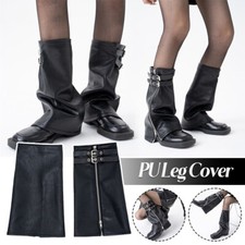 Punk PU Leather Leg Warmers with Eyelet Belt Flared Socks Motorcycle Leg Cover