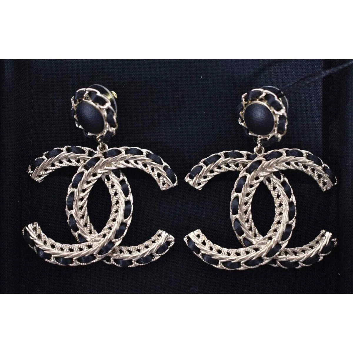 Chanel 22S XL Black Leather Gold CC Logo Chain Dangle Drop Statement  Earrings