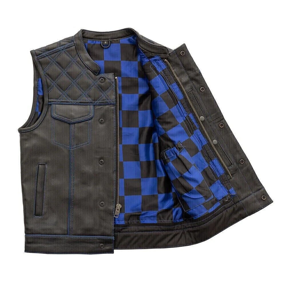 Men's Black Leather Vest Blue & Black Checker Inner Motorbike Riding Waistcoat
Opens in a new window