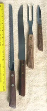 Vintage Stainless Steel Cutlery Set: 3 knives 1 fork Brown Wood handles  