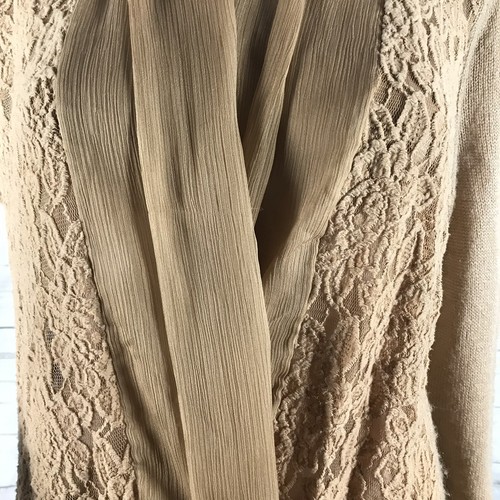Chico's Size 2 Cardigan Sweater Carmel Brown Lace Front Thin Knit Wool Blend - Picture 7 of 12