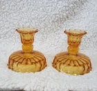 Fenton Amber Glass Thumbprint Reversible Candlestick Candle Holders / Candy Dish