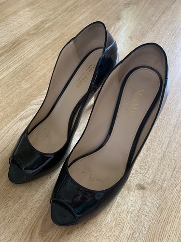 MAX MARA Black Piping Open Toe Heels Patent Shoes Size 39.5 6.5 - Picture 4 of 6