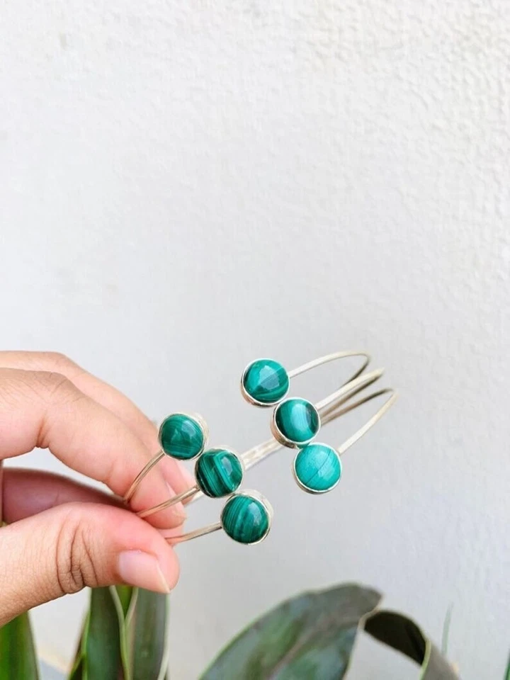 Hermoso brazalete hecho a mano de plata esterlina 925 maciza de malaquita verde para mujer, M1189 Foto 4 de 4