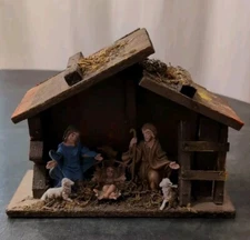 Vintage Christmas Set Manger Stable Moss