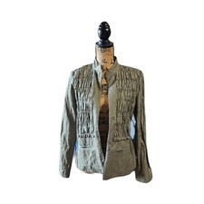 Chico s Women's Size 1 8 Crinkle Shimmer Ruffle Olive Light Jacket Open Blazer