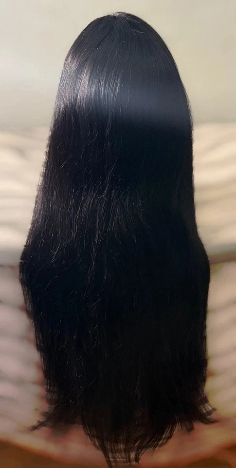 Preciosa peluca frontal de encaje, 28 pulgadas, negro azabache, textura recta, 100 % cabello humano Foto 3 de 4