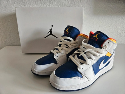 Nike Air Jordan 1 Mid White/ Laser Orange / Deep Royal Blue Gr. 38