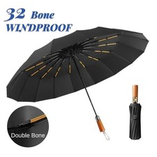 Automatic Folding Umbrella 32 Bone Windproof Wooden Handle Business Use Men