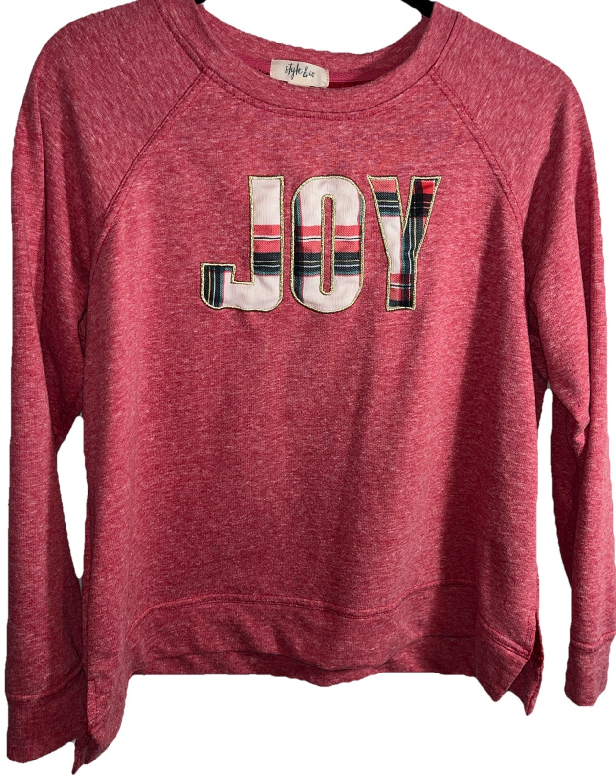 Style & Co Joy Top Red Large Long Sleeve Crew Neck Plaid Applique Christmas