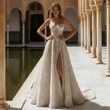 Sparkly Sequin Wedding Dress Slit Backless With Train A Line Lace Bridal Gown