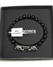 EDFORCE STAINLESS STEEL S/S WOLF HEAD,GENUINE BLACK ONYX BEADED MEN'S BRACELET