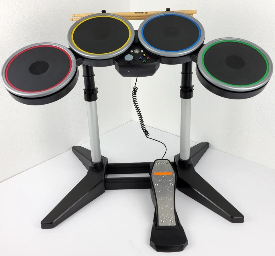 Xbox 360 Rock Band 2 Drum Set Wireless BUNDLE w/ box & Guitar, Mic + Tested Read - Image 4 of 4